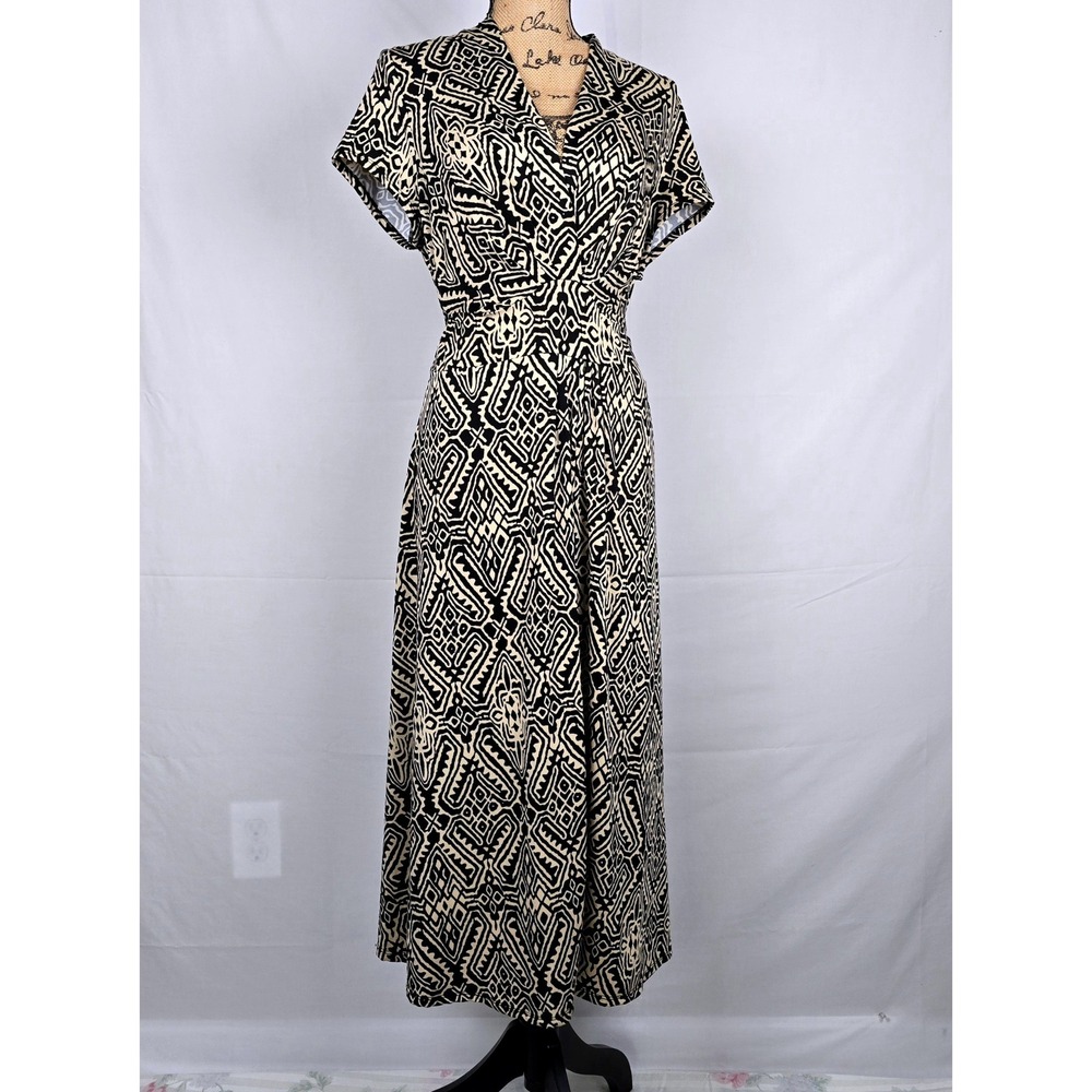 Chelsea Suite Womens Tribal Geometric Print Maxi Dress‎ Black Tan V-Neck Size 14